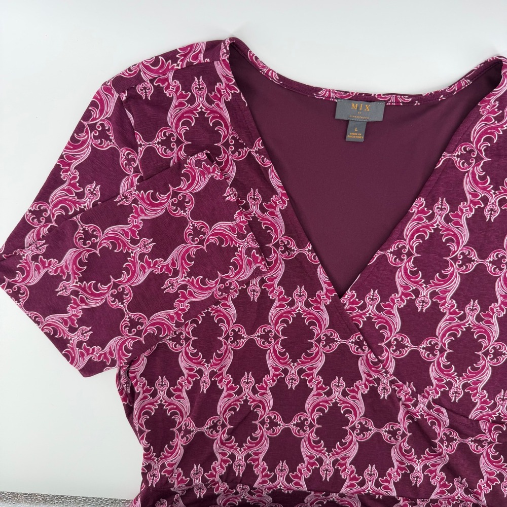 MIX by Hawthorn‎ Purple Scroll Print Wrap Dress Size Large Stretch Comfy